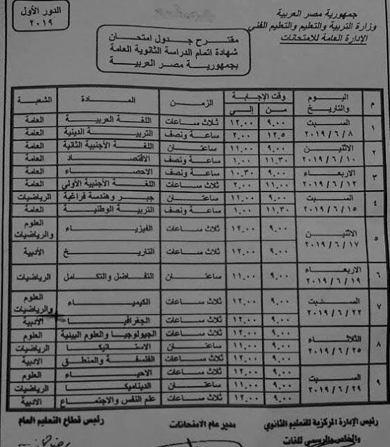 جدول امتحانات الثانوية العامة المقترح 2019 من وزارة التربية والتعليم