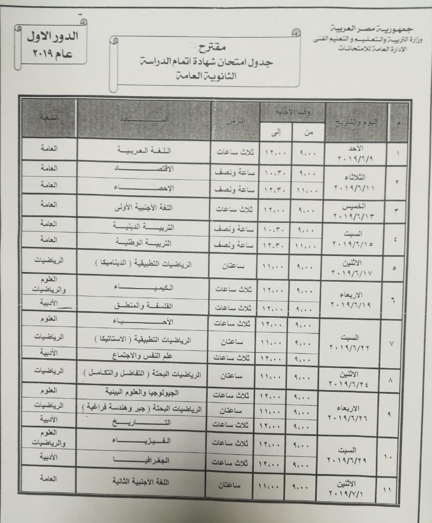 جدول امتحانات الثانوية العامة الدور الأول 2019 المقترح