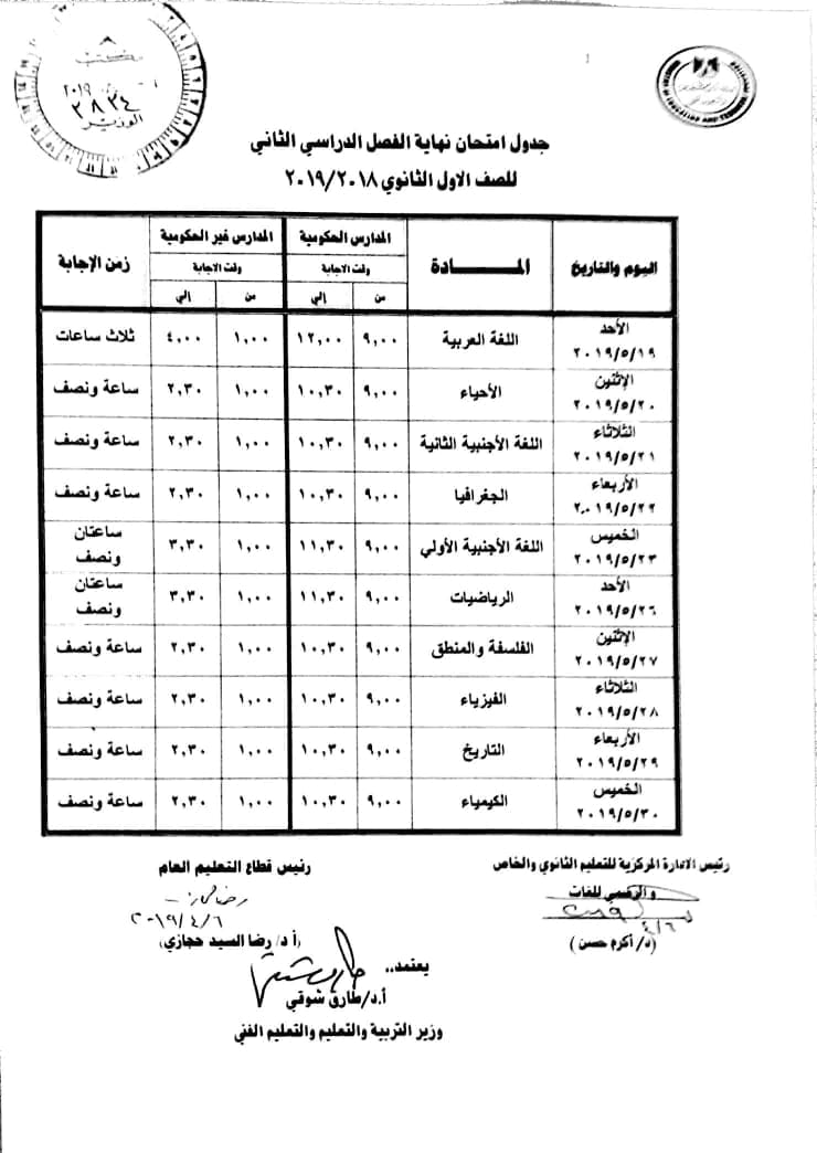 جدول امتحانات الصف الأول الثانوي 2019