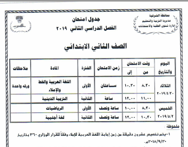 جدول امتحانات الصف الثاني الابتدائي