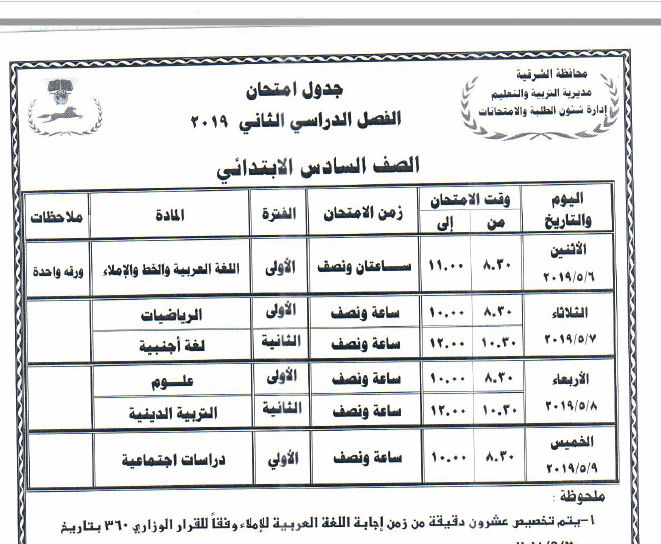جدول امتحانات الصف السادس الابتدائي 