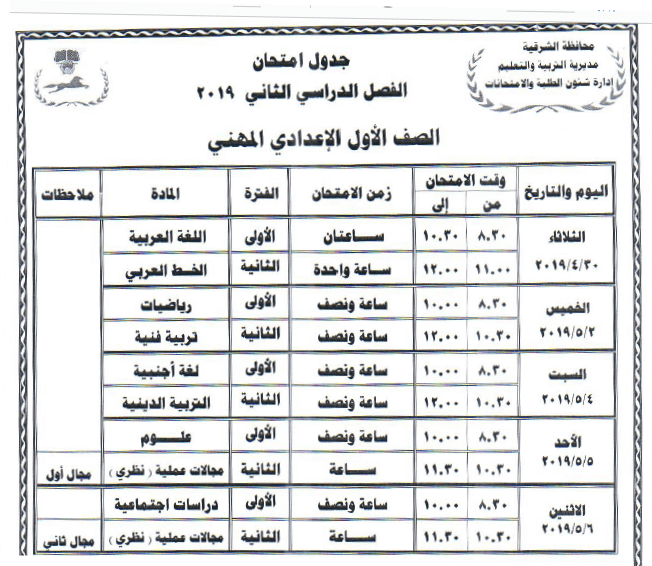 جدول امتحانات الصف الأول الإعدادي المهني 