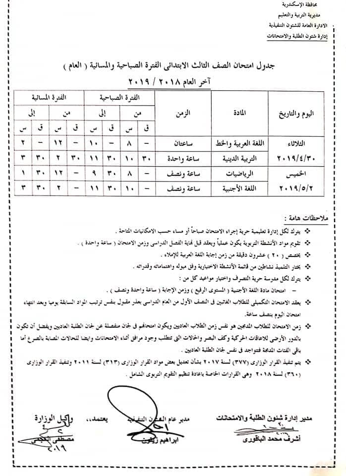 جدول امتحانات اخر العام 2019 الاسكندرية للصف الثالث الابتدائي