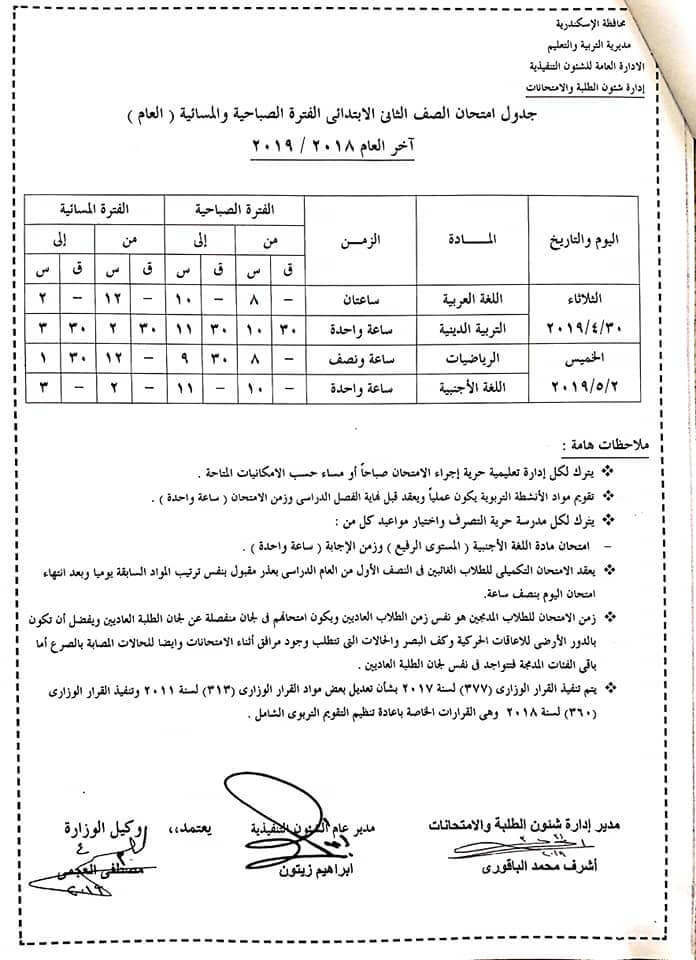 جدول امتحانات اخر العام 2019 الاسكندرية للصف الثاني الابتدائي