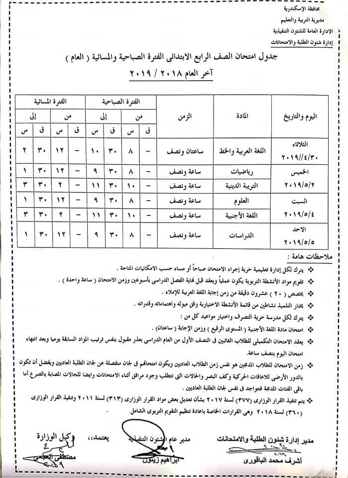 جدول امتحانات اخر العام 2019 الاسكندرية للصف الرابع الابتدائي