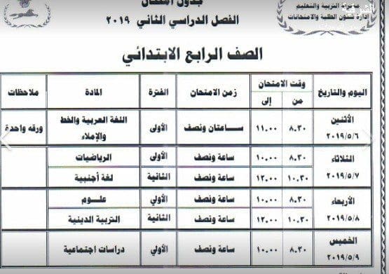 جدول امتحانات الصف الرابع الابتدائي محافظة الشرقية