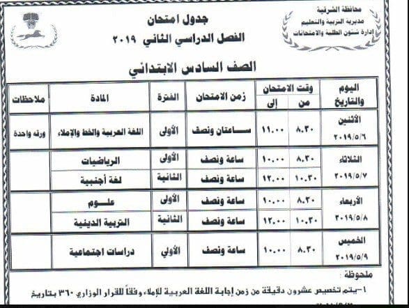 جدول امتحانات الصف السادس الابتدائي محافظة الشرقية