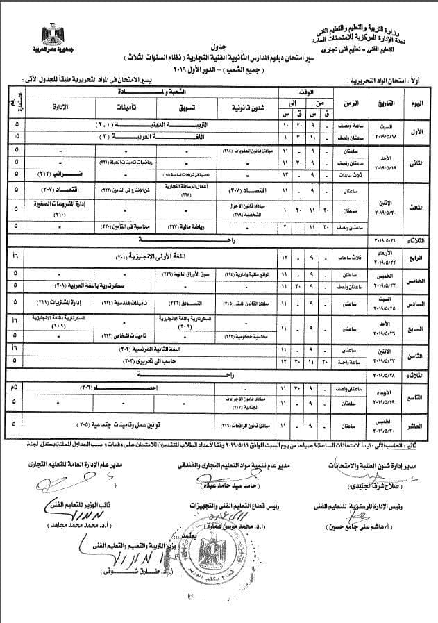 جدول امتحانات الدبلومات الفنية 2019 