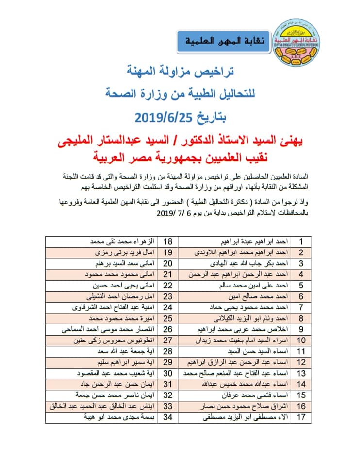 نقابة المهن العلمية تعلن أسماء الحاصلين على تراخيص مزاولة مهنة التحاليل الطبية 2019