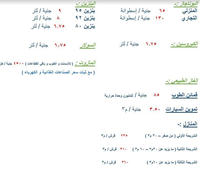 أسعار البنزين والسولار الجديدة