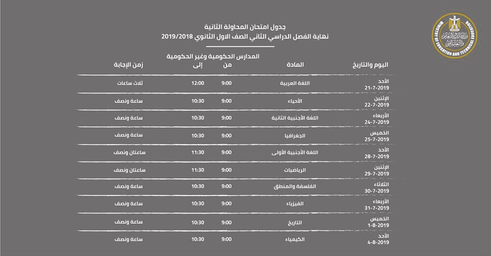 جدول امتحانات الصف الأول الثانوي